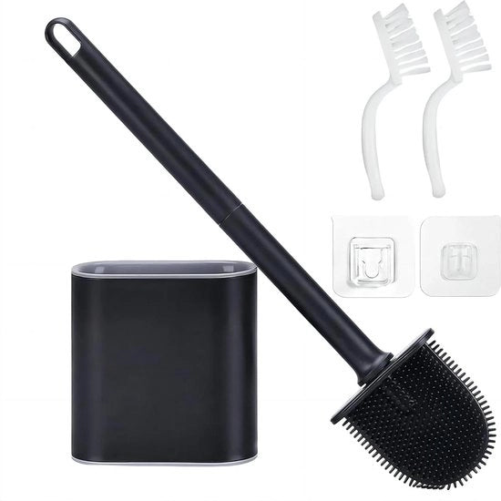 Borsetto per wc in silicone con 2 setole di pulizia - nero, fissaggio alla parete/da appoggiare, asciuga velocemente