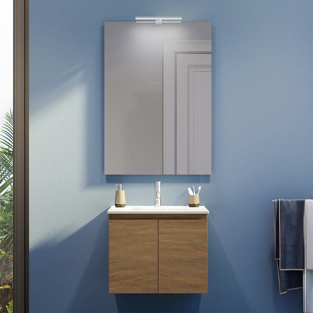 Mobile bagno sospeso 80 cm due ante rovere scuro lavabo e specchio | Yili