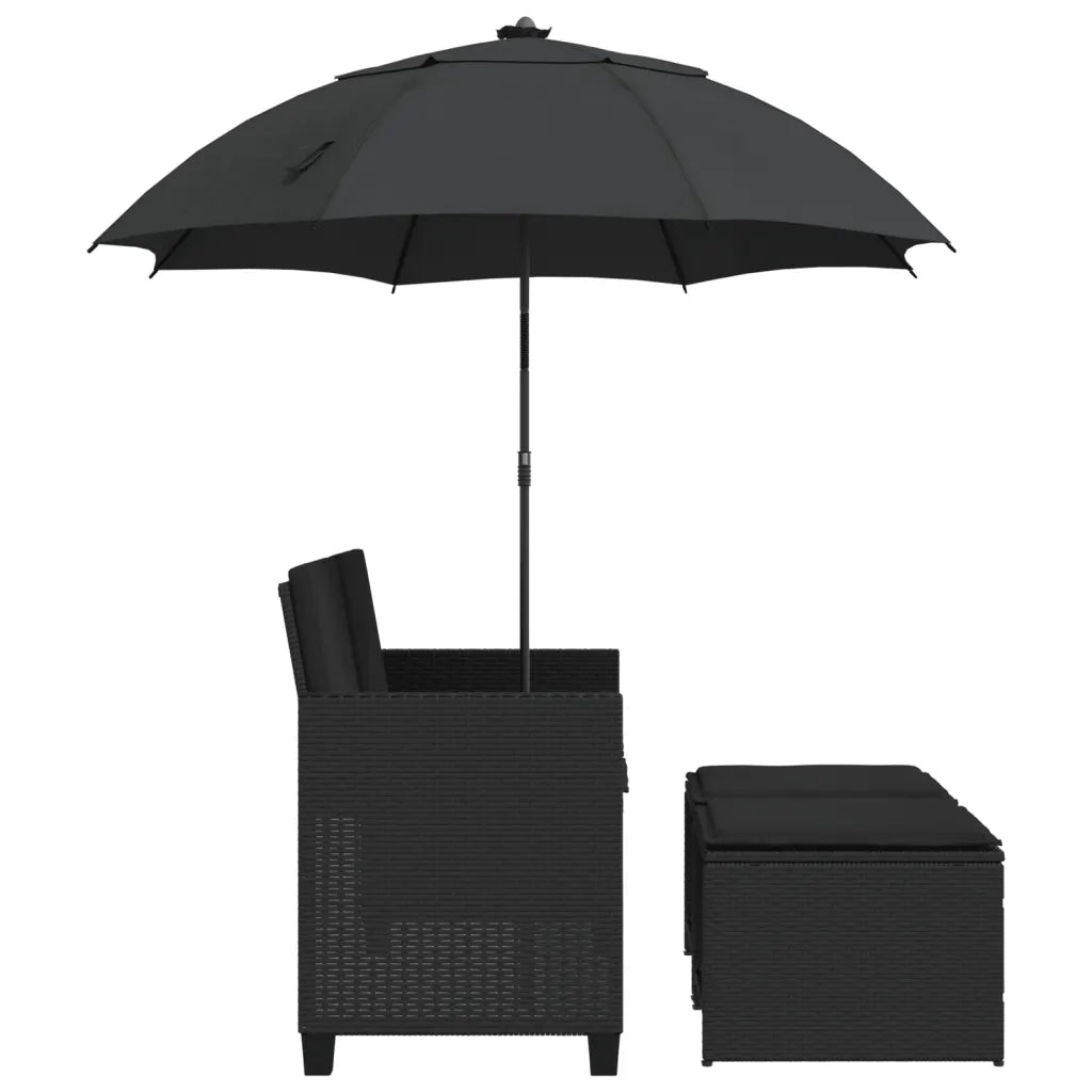 Divano Giardino 2 Posti-Sofa da Giardino-Divanetto da esterno Ombrellone e Sgabelli Nero Polyrattan 270598
