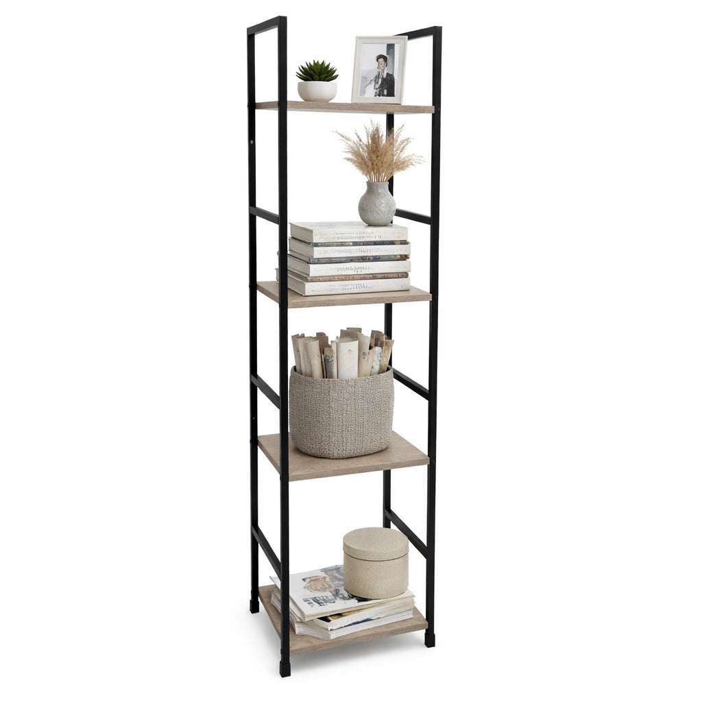 Mobile Scaffale Industrial 4 Ripiani Metallo Nero Legno Mdf Rovere 29x24 H112cm