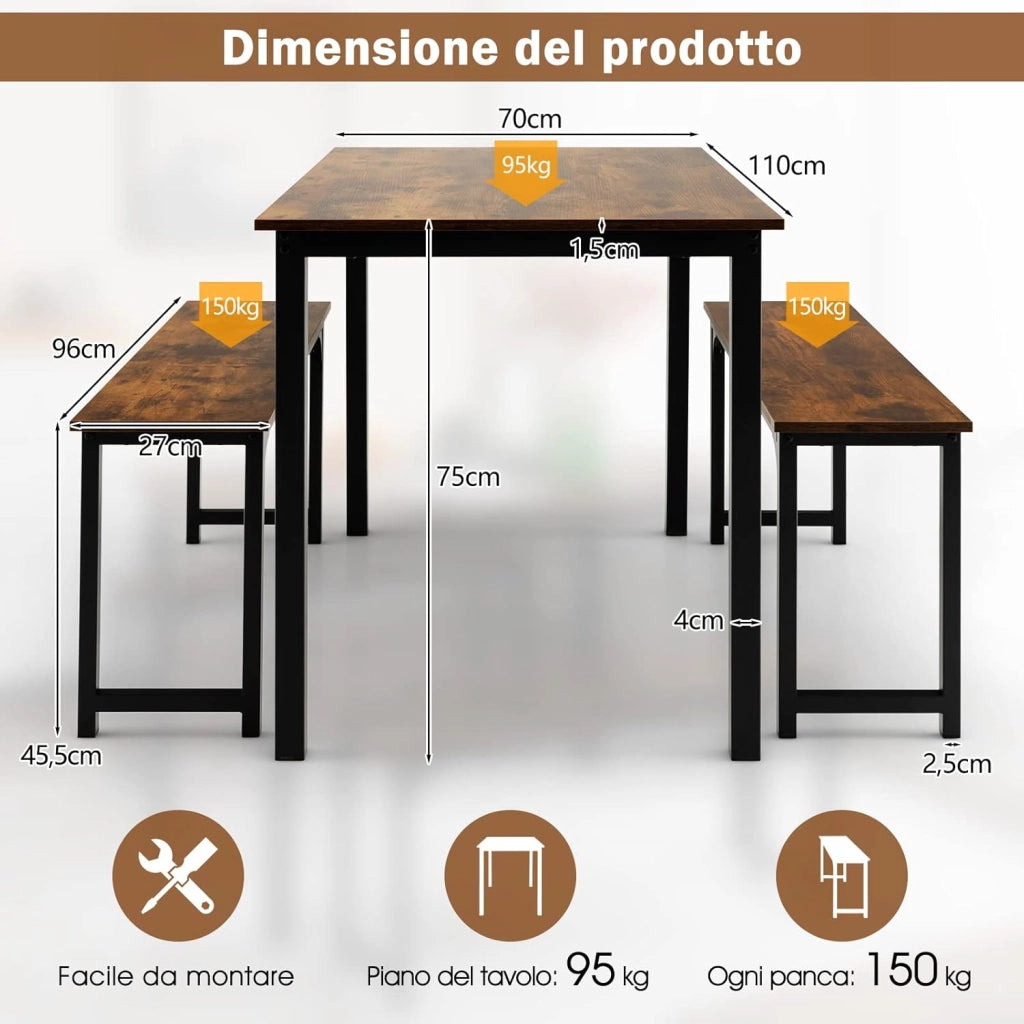 Set 3 Pezzi Tavolo e Panche da Cucina, Set Tavolo da Pranzo 110 cm e 2 Panche per 2-4 Persone con Struttura in Metallo Antiruggine, Set Tavolo e Sedie da Cucina Sala da Pranzo Birreria