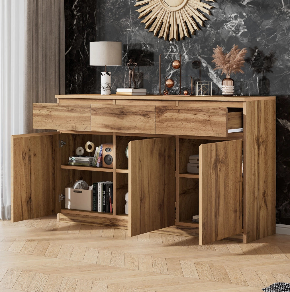 Credenza 135x40x81 cm con 3 ante e 3 cassetti; ripiani regolabili in pannello truciolare naturale