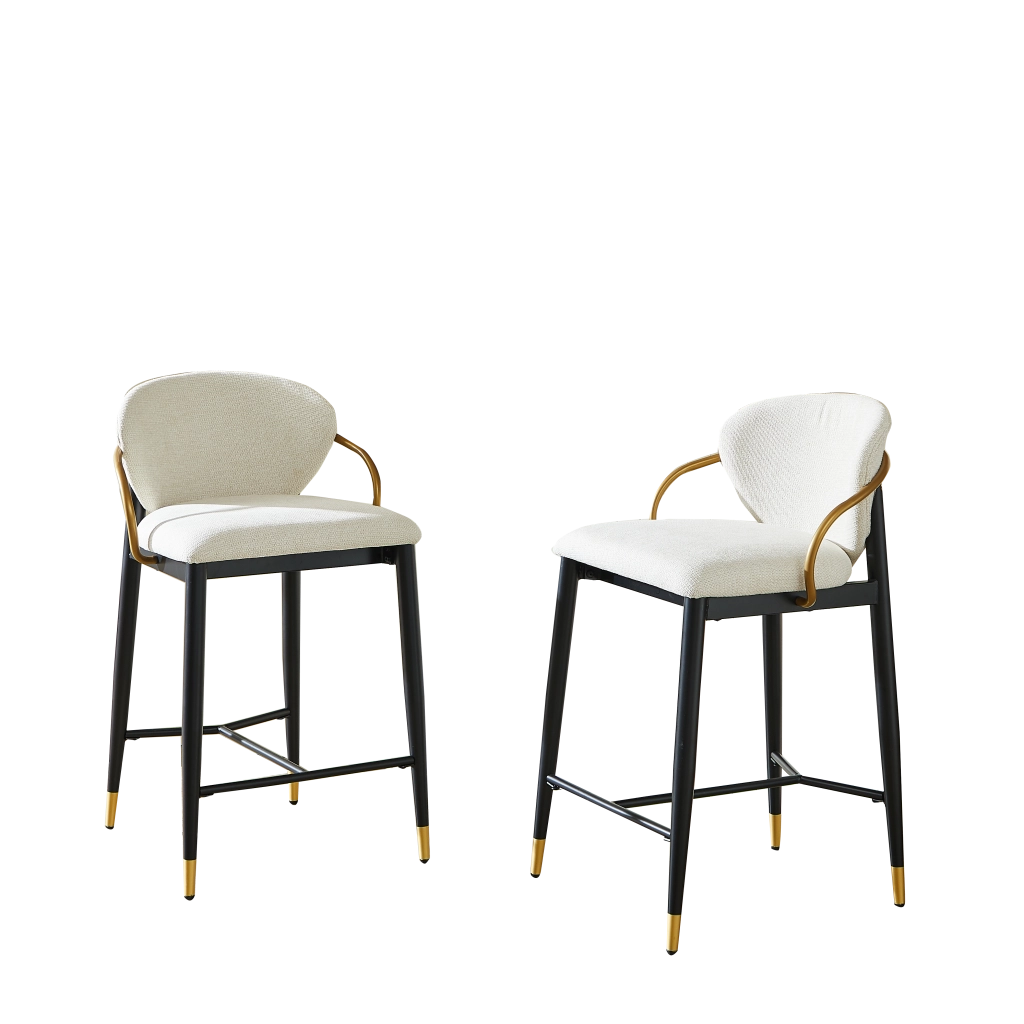 Set di 2 sgabelli da bar in chenille beige con struttura nero oro, altezza regolabile e poggiapiedi