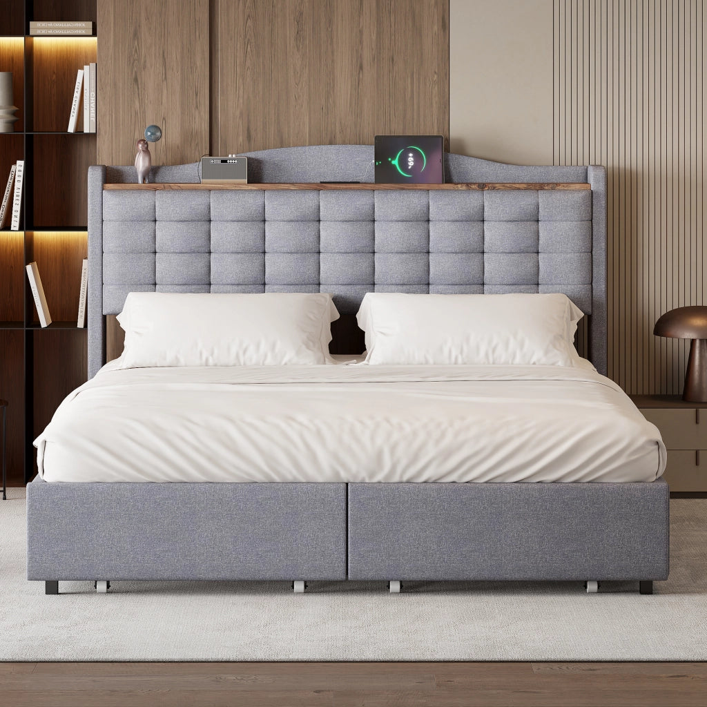 Letto Contenitore Letto Matrimoniale 160x200 cm; USB; Mensola e 4 Cassetti; Grigio