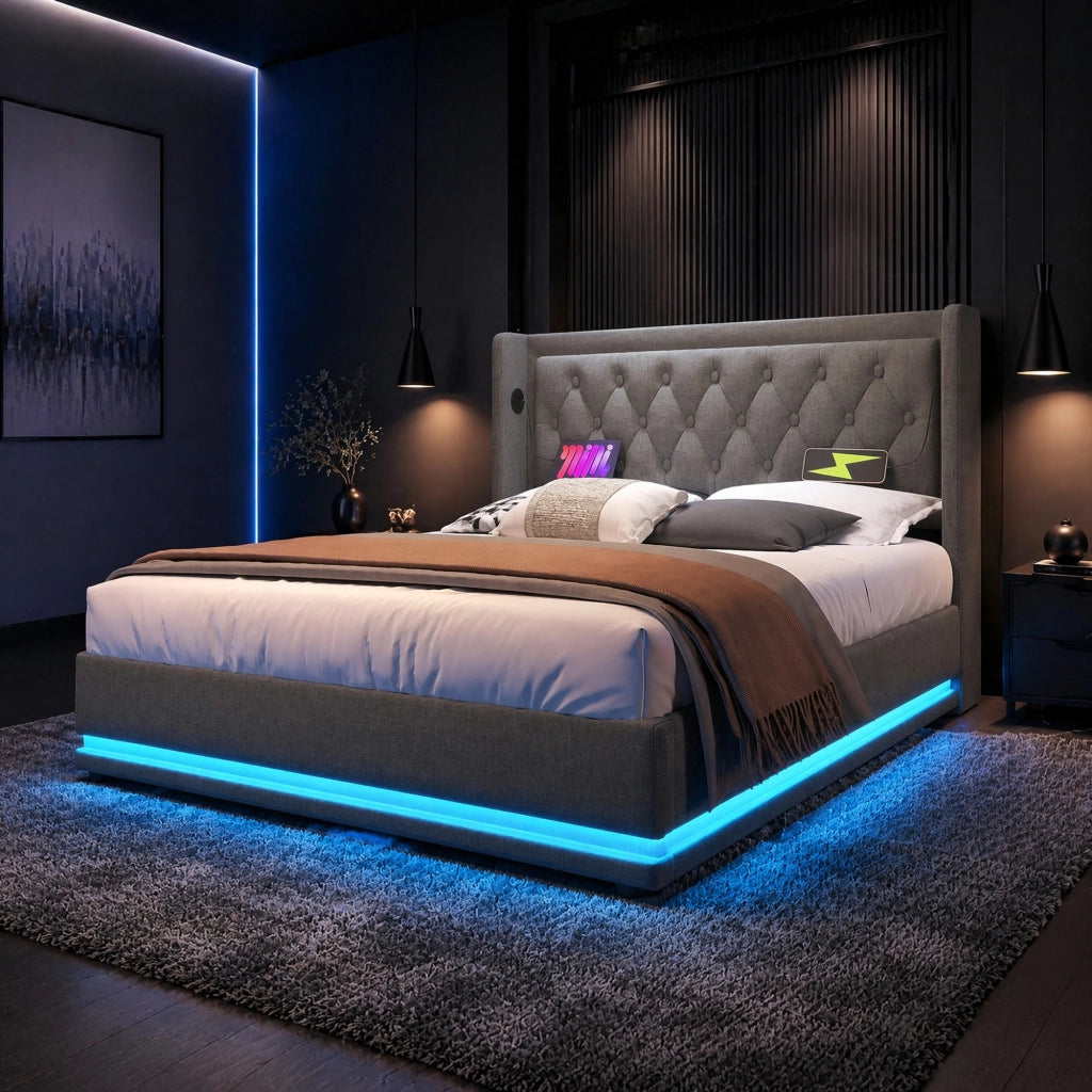 Letto matrimoniale 160x200 cm con contenitore, USB Type-C e LED, in cotone grigio