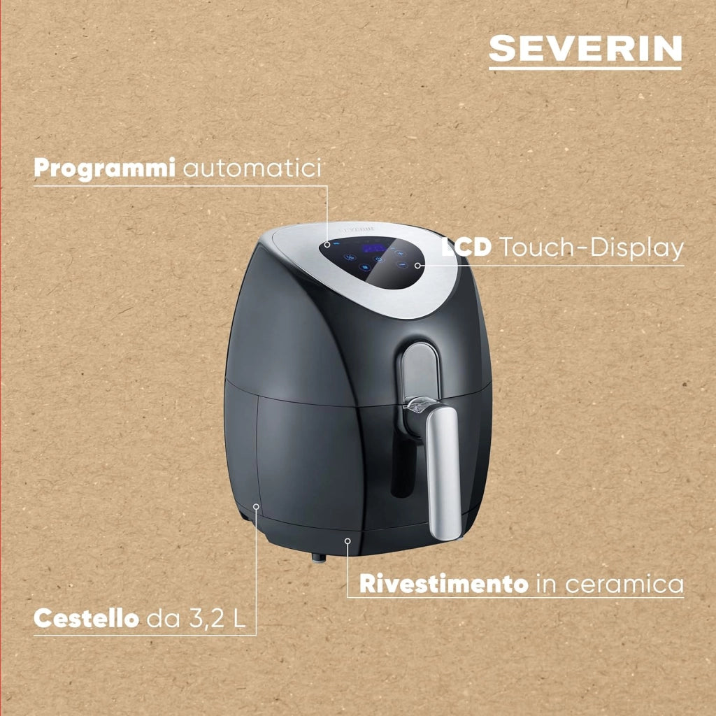 Severin fr 2430 friggitrice ad aria calda 1500w, friggitrice ad aria cestello da 3.2 l, 6 programmi automatici senza olio, friggitrice ad aria elettrica con display touch lcd, nero