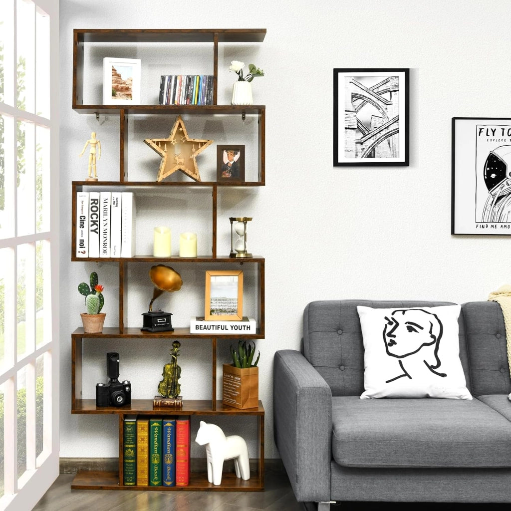 Libreria a 6 livelli, libreria a forma di S, scaffali per libri, design antiribaltamento, libreria, per soggiorno, camera da letto, studio, ufficio, 80 x 23 x 191 cm (caffè)