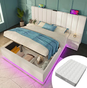 Letto contenitore matrimoniale 180x200 cm in PU bianco; LED; USB; Type-C e materasso