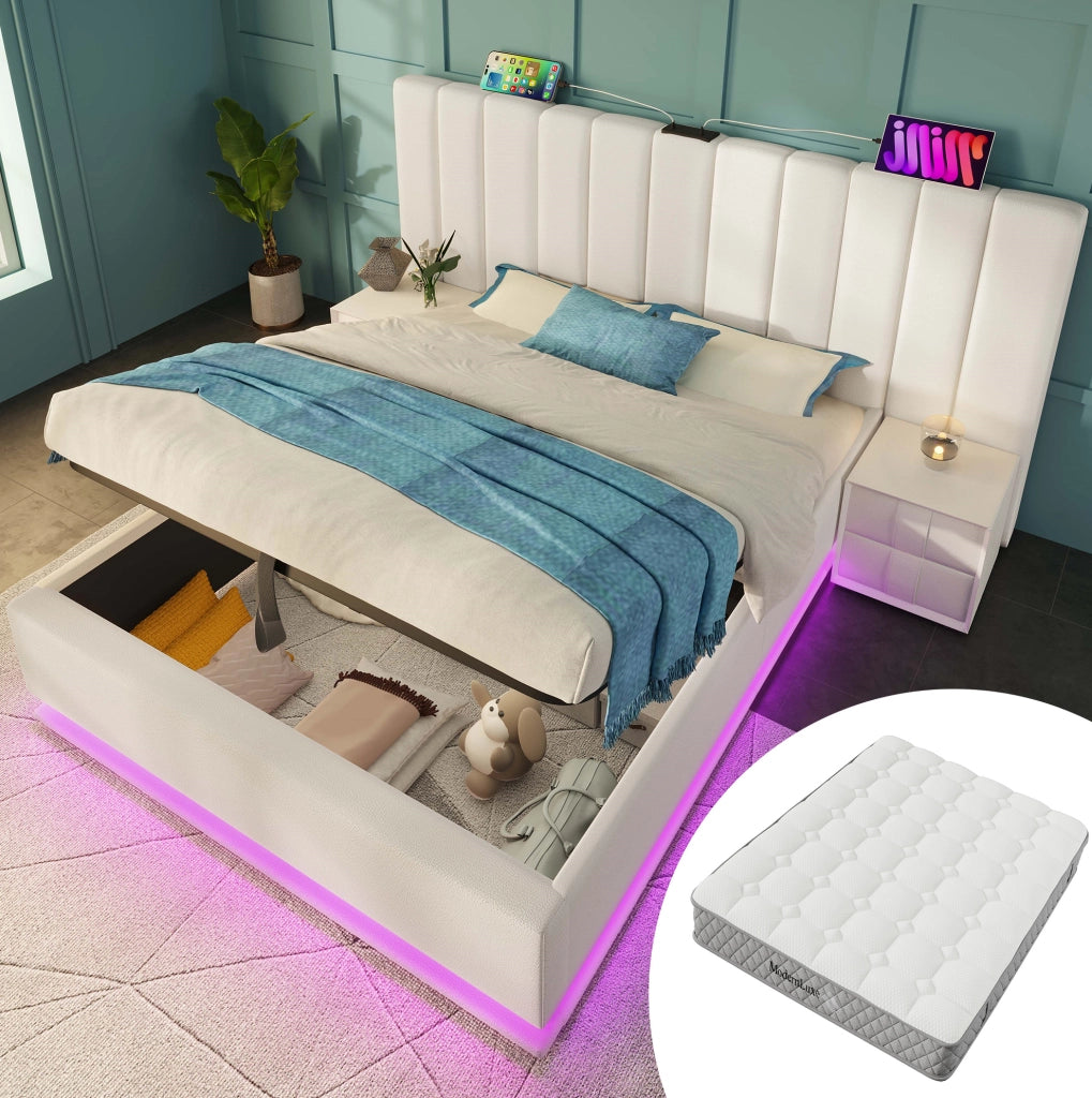Letto contenitore matrimoniale 180x200 cm in PU bianco; LED; USB; Type-C e materasso