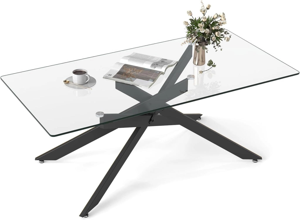 Tavolo da Caffè, Tavolino Salotto in Vetro Temperato con Gambe Incrociate in Metallo Placcato e Piedini Regolabili Antiscivolo, per Soggiorno e Ingresso, 120 x 60 x 45,5 cm (Argento)