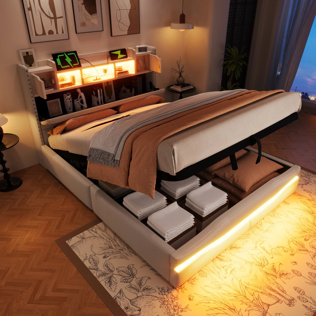 Letto Contenitore Letto Matrimoniale 140x200 cm con USB; Type-C; LED e vano testiera - Beige