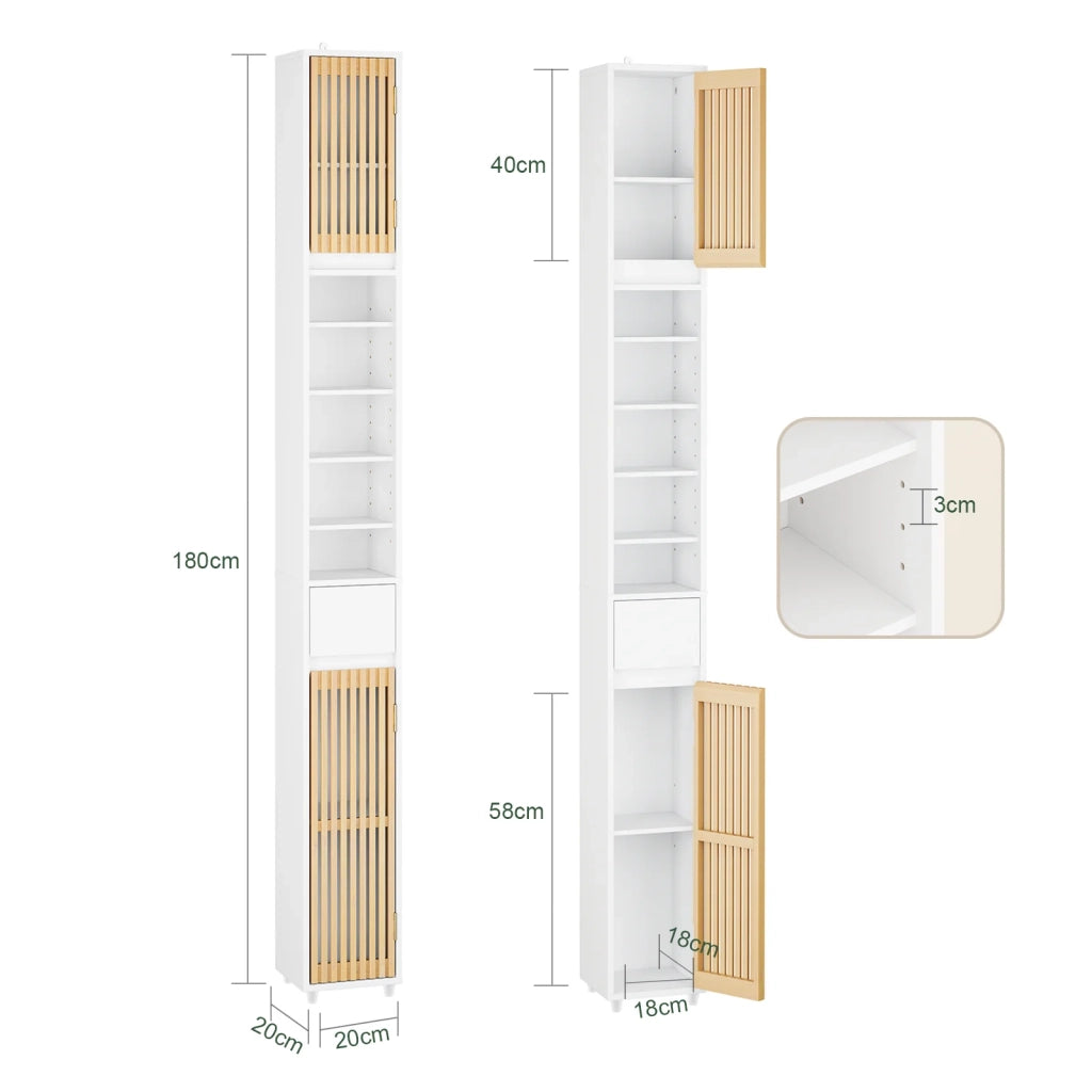 SoBuy BZR34-BW Mobile Bagno Salvaspazio Colonna Armadietto Alto con 6 Ripiani Regolabili, Mobiletto da Bagno con Ante in Bambù, Mobiletto Stretto per Piccoli Spazi, Bianco, 20x20x180cm