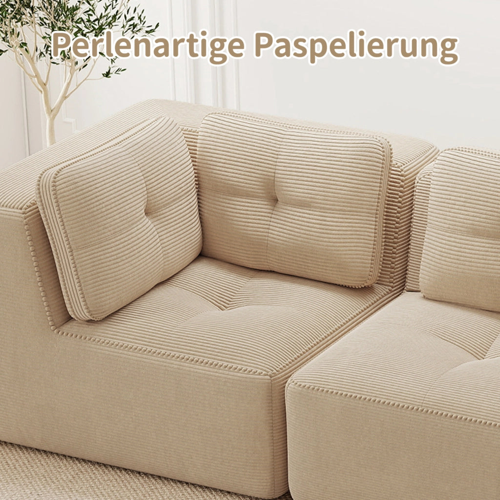 Divano angolare modulare 386x177x69 cm in velluto a coste beige; senza montaggio