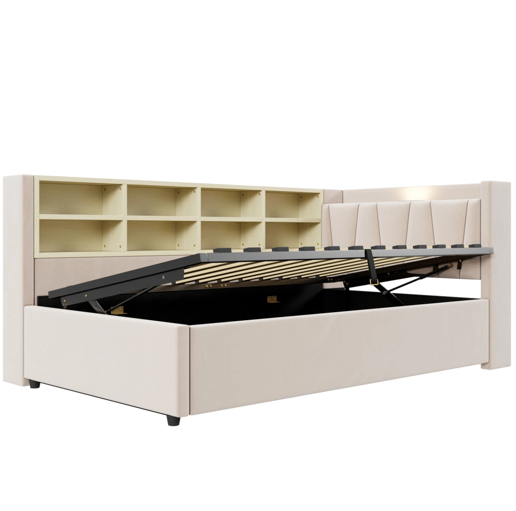 Letto imbottito multifunzione 90 x 200 cm con vano idraulico; USB e Type-C; velluto beige