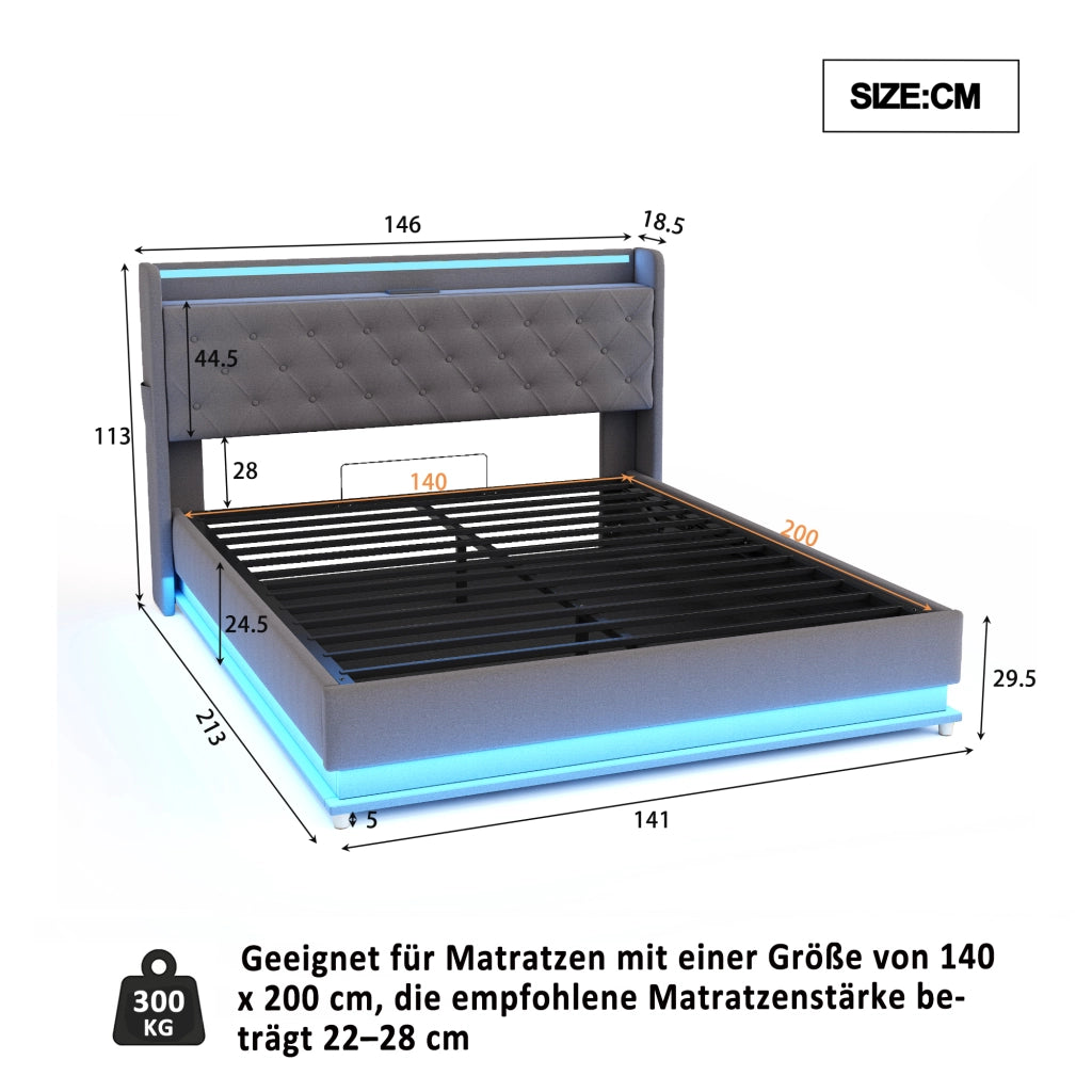 LETTO Imbottito 140x200 cm Grigio con LED, USB e contenitore idraulico