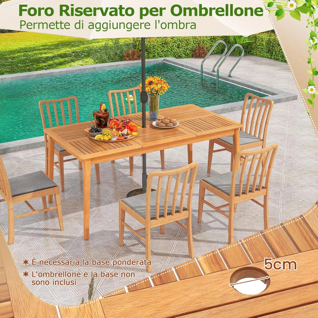 Tavolo Pranzo da Esterno 170 cm, con Foro per Ombrellone 5 cm, Tavolo Giardino in Legno Acacia a 6 Posti, per Giardino Patio, Portata 160 kg, 170 x 90 x 75,5 cm