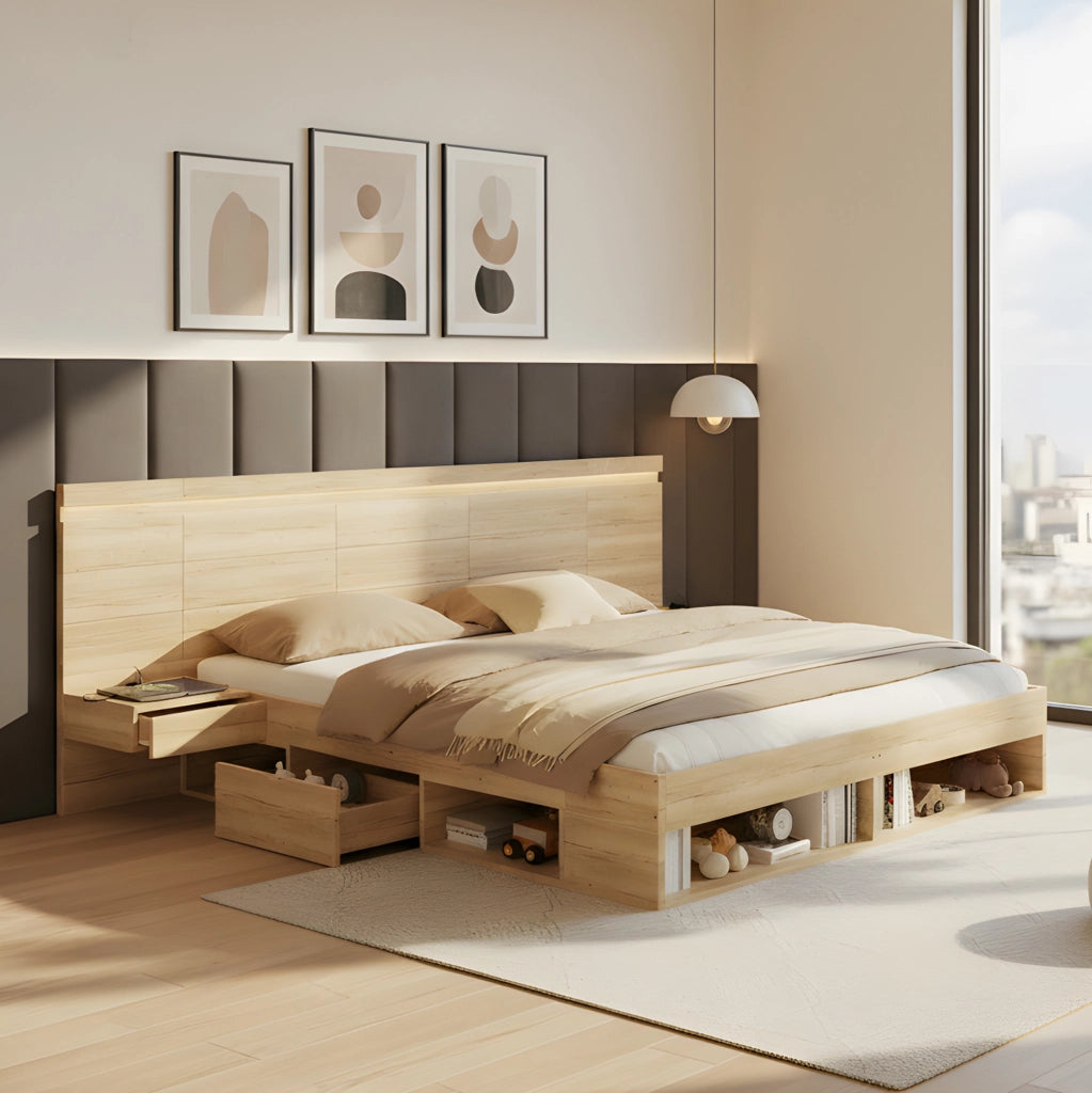 Letto matrimoniale 180x200 cm con contenitore; comodini integrati; LED e prese USB/USB-C; naturale