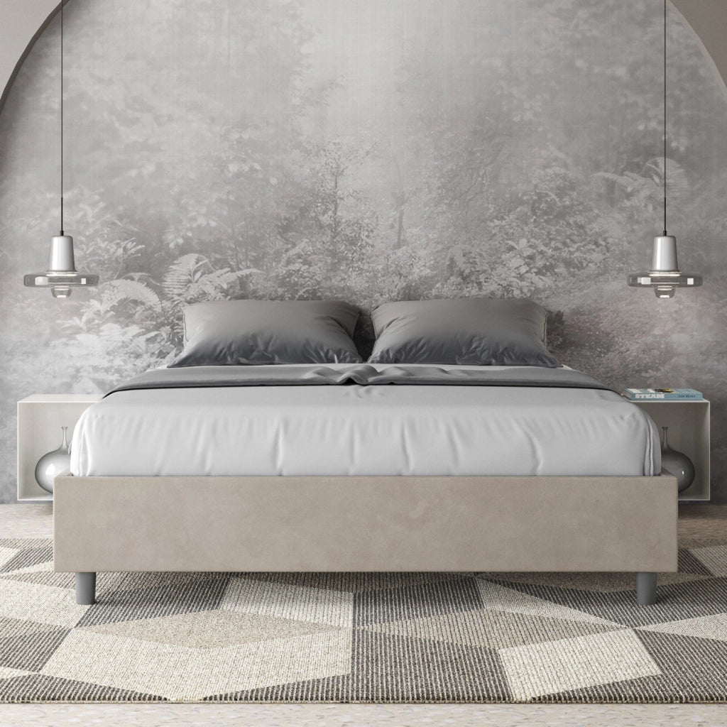 Letto matrimoniale francese con rete imbottito 140x210 microfibra sabbia Azelia