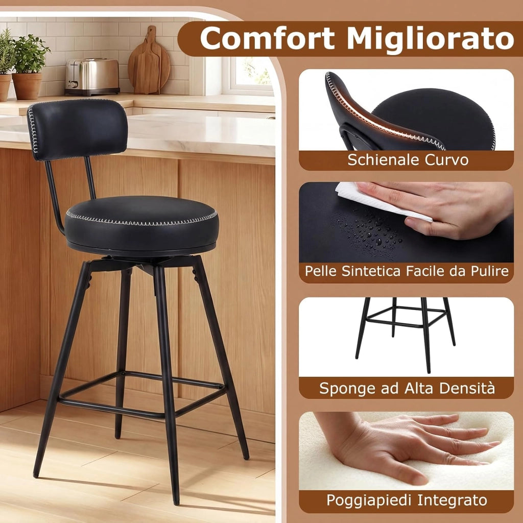 Set di 2 Sgabelli Girevoli, Sedie da Bar Moderne con Schienale Imbottito, Poggiapiedi e Gambe in Metallo, Sgabelli Imbottiti in Similpelle per Isola Cucina e Sala da Pranzo (Nero, Rotondo)