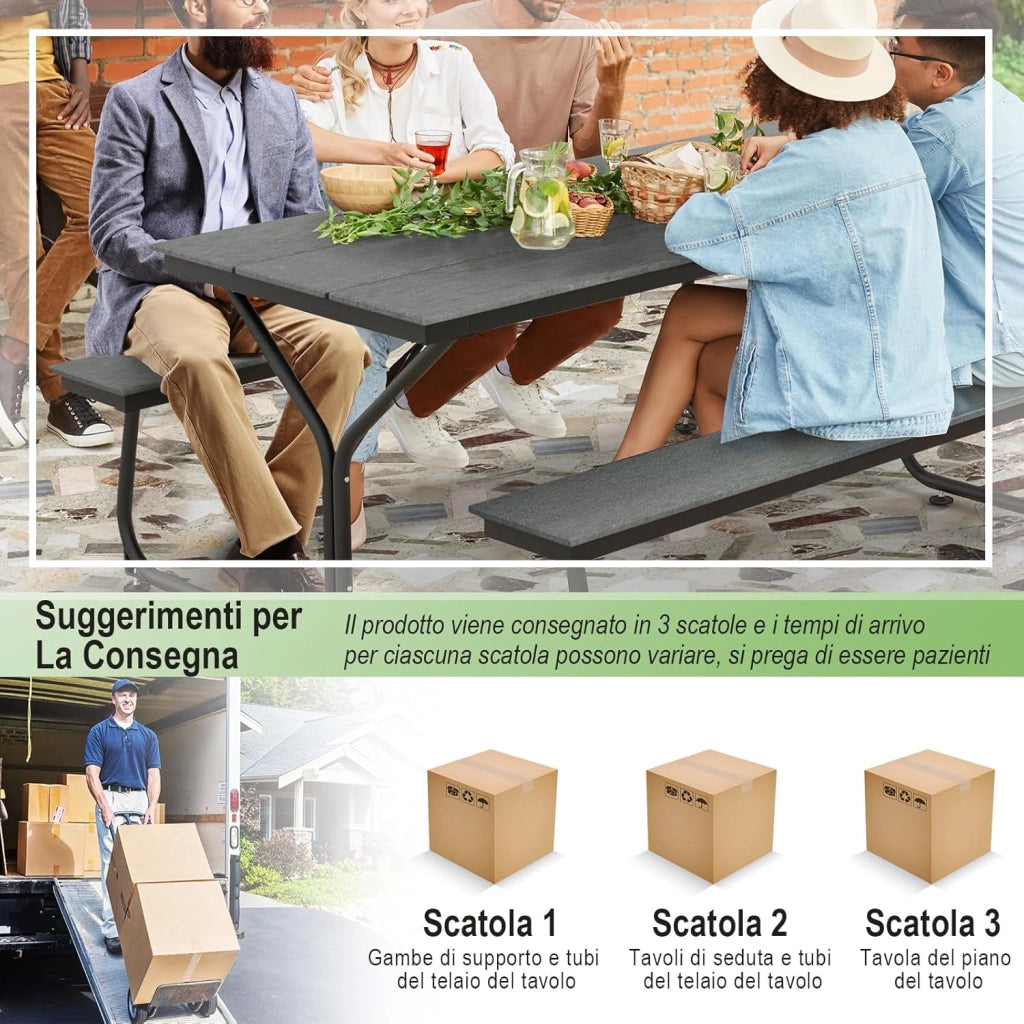 Tavolo da Pranzo 183 CM con 2 Panche per 8 Persone, Set da Picnic in Metallo e HDPE con Foro per Ombrellone, per Giardino Terrazzo (Grigio)