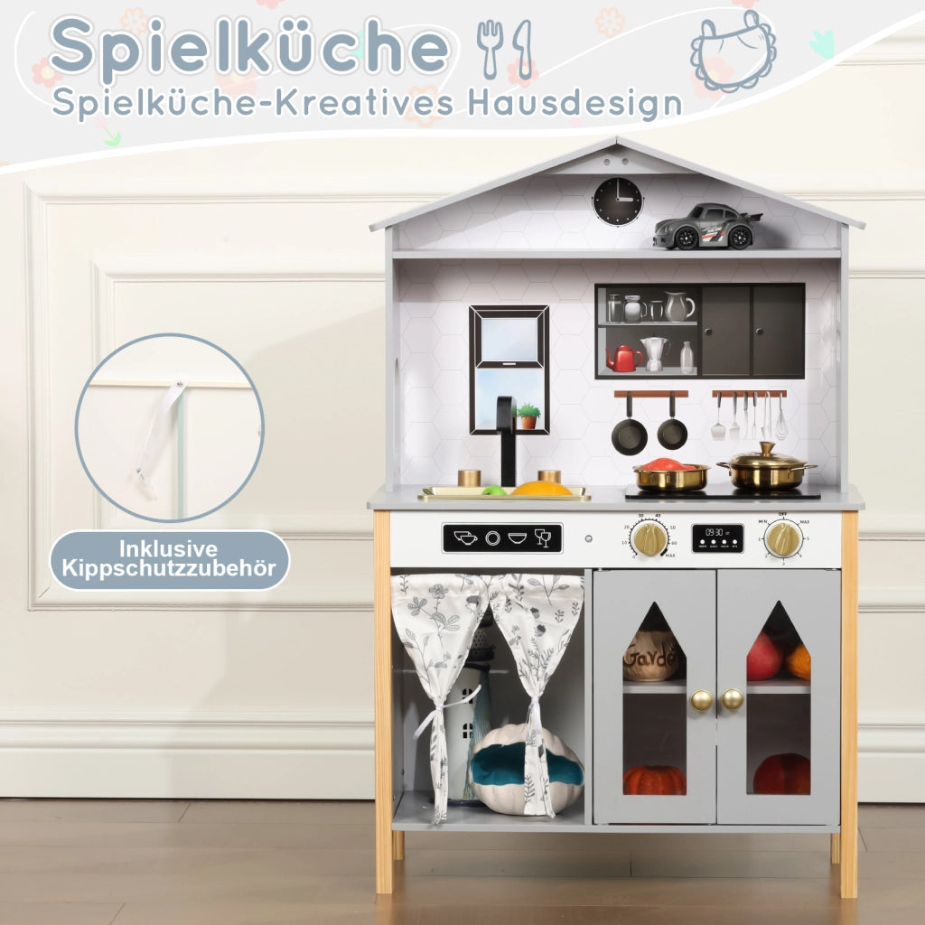 Cucina giocattolo per bambini con rubinetto, fornello, lavello, armadietto e spazio in MDF grigio 28.5 × 60 × 92 cm