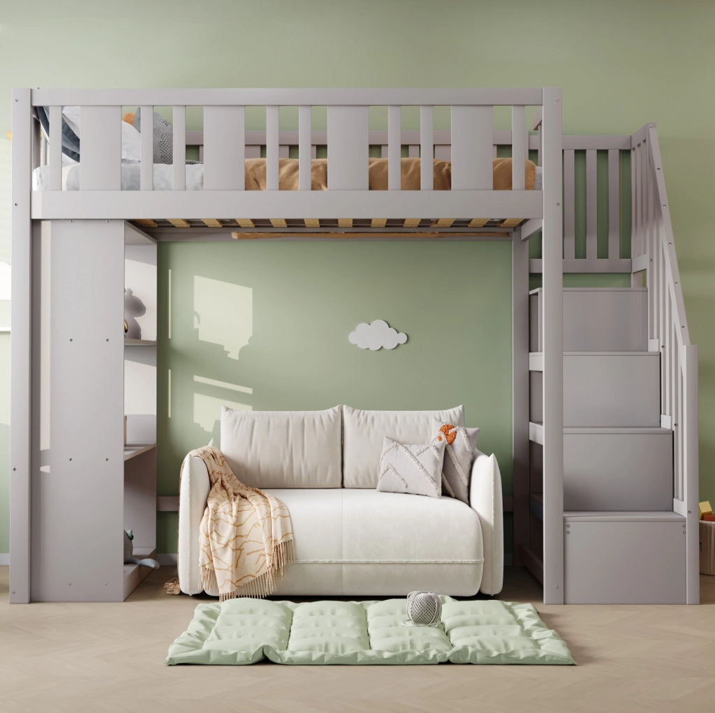 Letto a soppalco 90x200 cm con scala contenitore e 3 vani portaoggetti in legno grigio