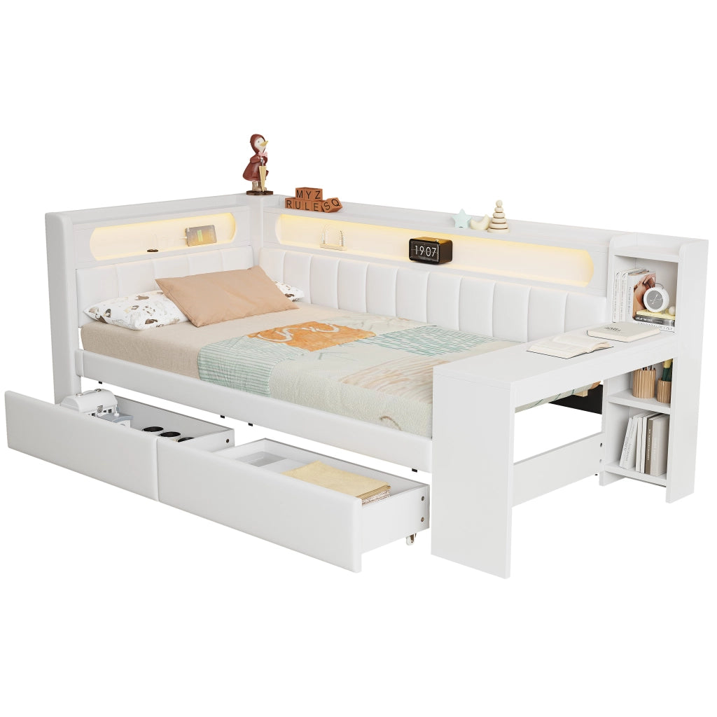 OKWISH Letto a Divano 90×200 cm, Letto Singolo con USB, LED Regolabile e Scrivania, 2 Cassetti, senza Materasso, Bianco