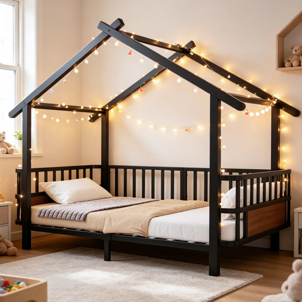 Letto per bambini in metallo a forma di casetta 90x200 cm, con sponde di sicurezza, nero