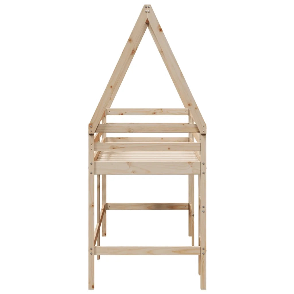 Letto singolo | Letto per adulti | Letto Soppalco con Scala e Tetto 80x200 cm Legno Massello Pino
