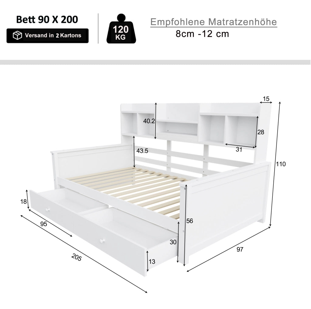 Divano letto 90x200 cm in legno con 2 cassetti e vani laterali; bianco