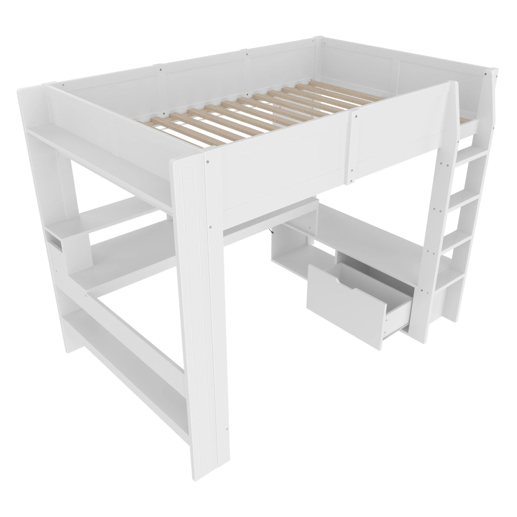 Letto a Soppalco Letto Matrimoniale con Scrivania; LED 16 Colori; Cassetto e Scaffali 140×200 cm; senza Materasso