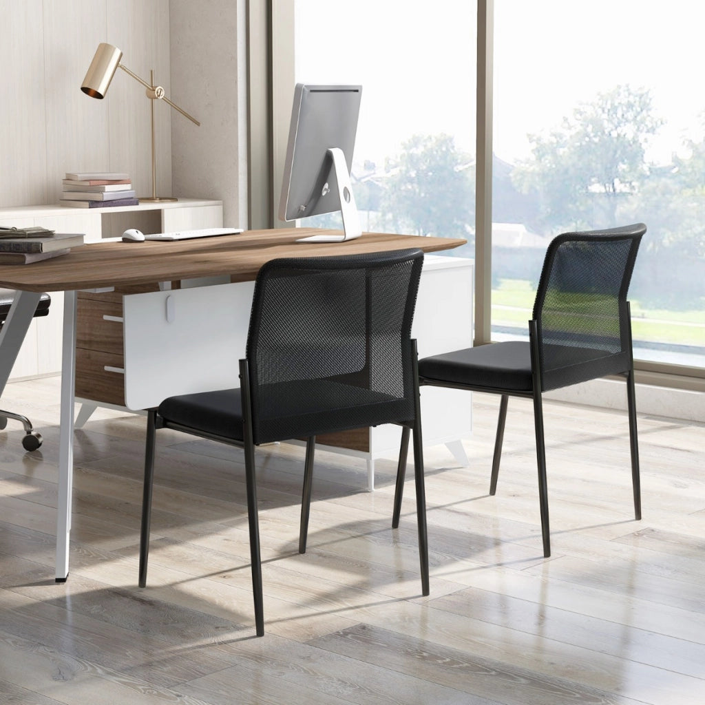 Set 2 sedie impilabili con schienale ergonomico in rete e seduta imbottita-Sedie da ufficio per sala d'attesa Nero