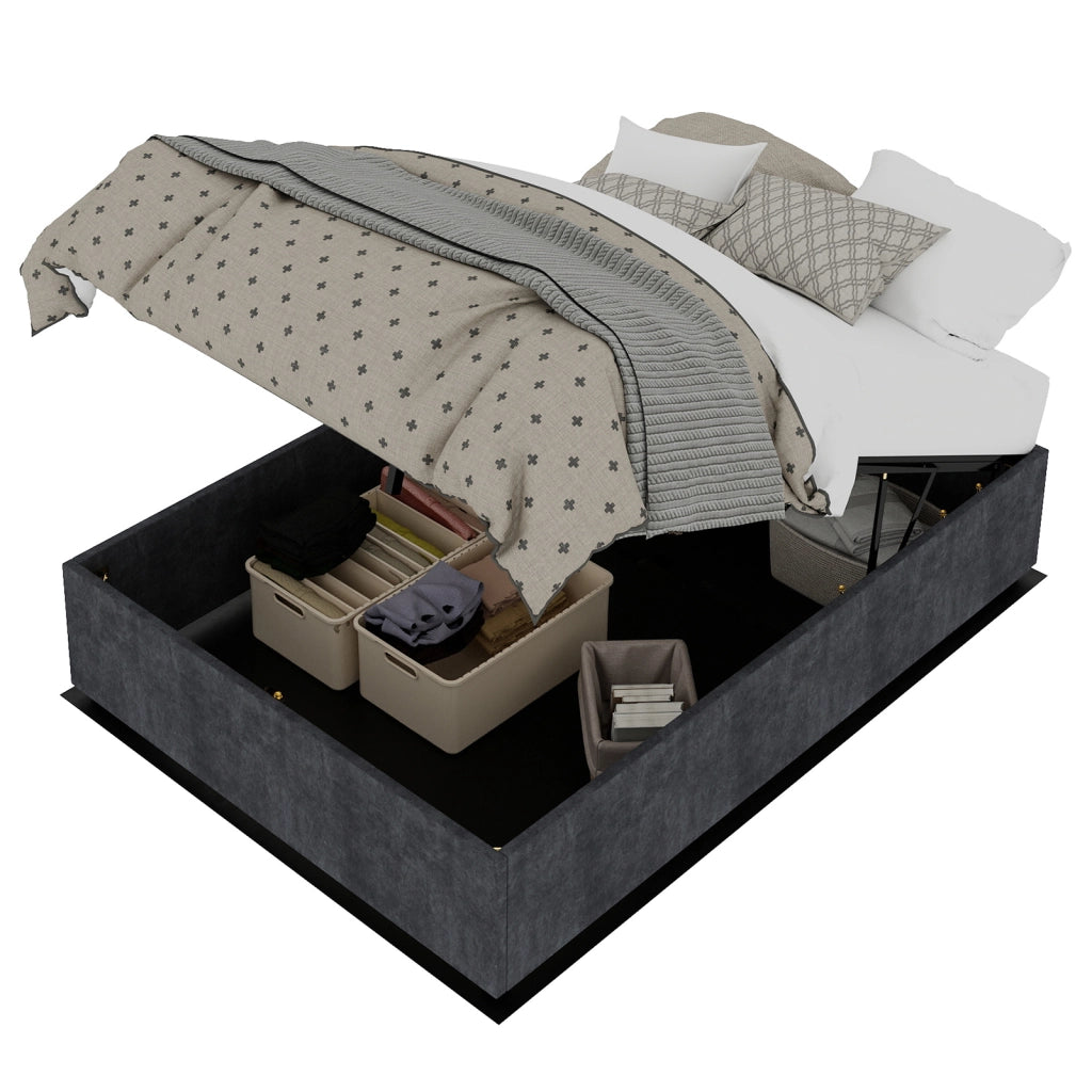 Letto Contenitore con Sollevamento Idraulico ¨C MINIMAL ¨C Grigio, Velluto, 140x200