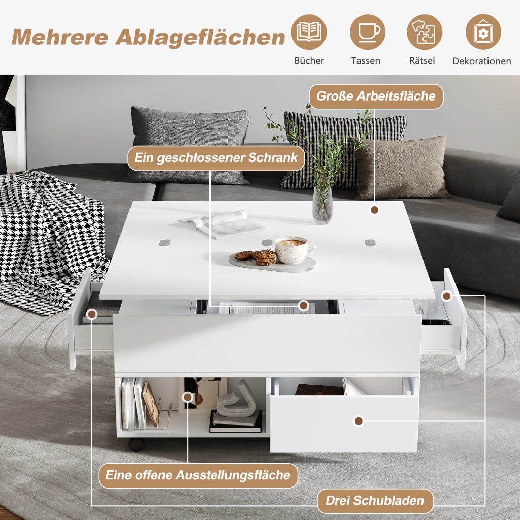 Tavolino basso sollevabile in truciolare con 4 cassetti, 2 vani aperti e rotelle, bianco, 100 × 50 × 52 cm