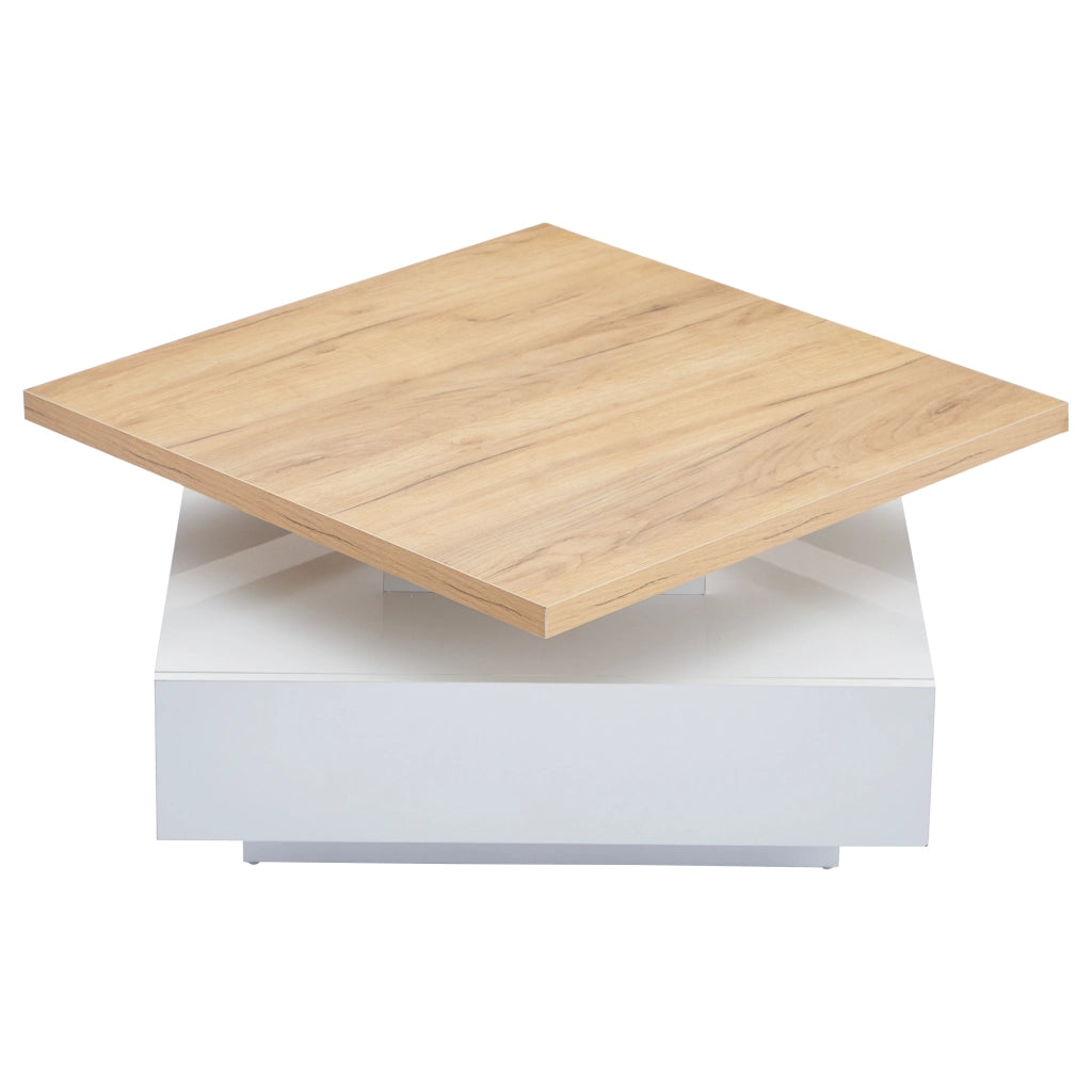 Tavolino da caffè 70x70x36 cm; girevole 360° con vano contenitore; truciolare; colore naturale e bianco