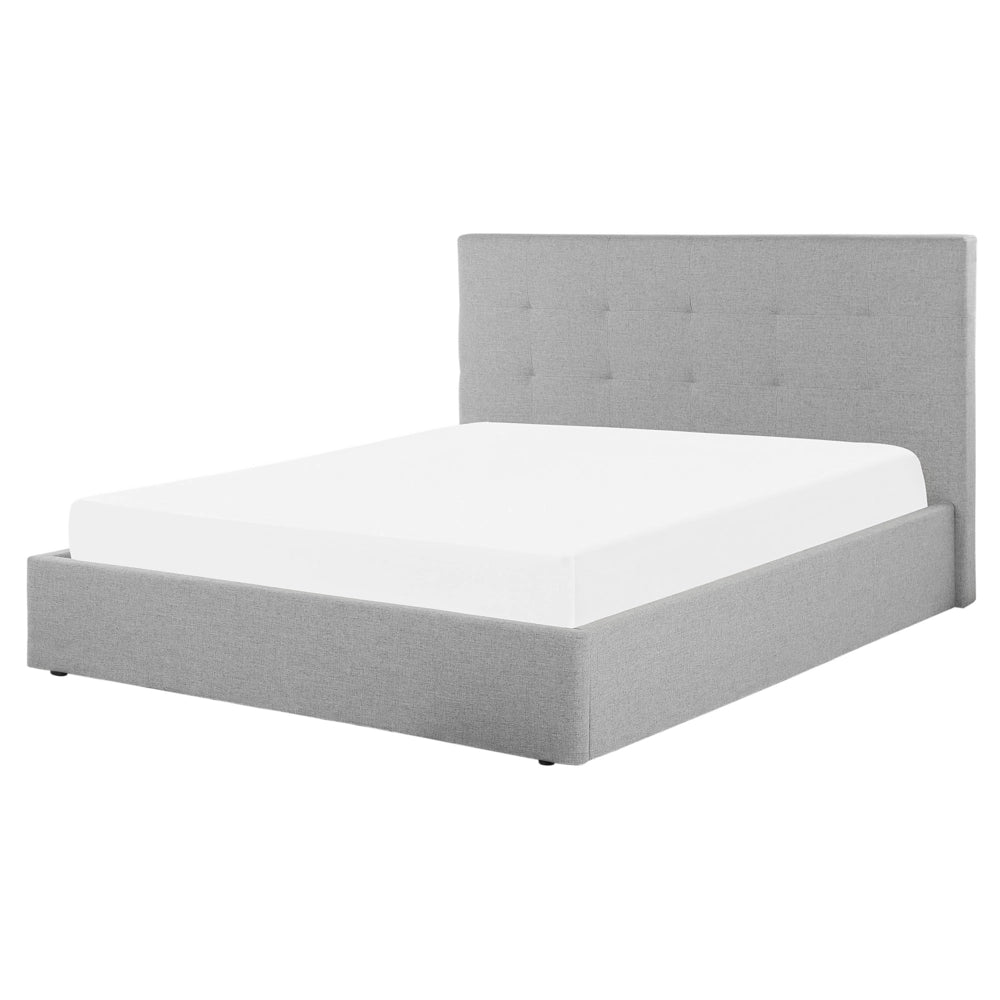Letto matrimoniale con contenitore portaoggetti e testiera imbottita 140x200 cm in tessuto grigio