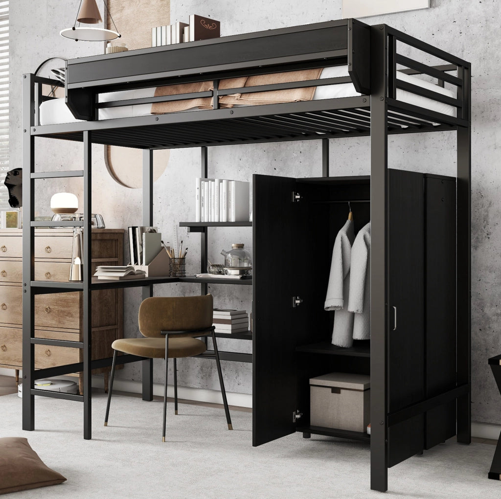 Letto a castello 90x200 cm con tavolo e armadio in metallo e pannello truciolare nero