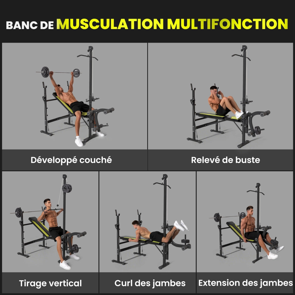 Panca Fitness Multifunzione ¨C Xylo ¨C Schienale Regolabile con Corde Trazione Curl Supporti Bilanciere Nero Giallo