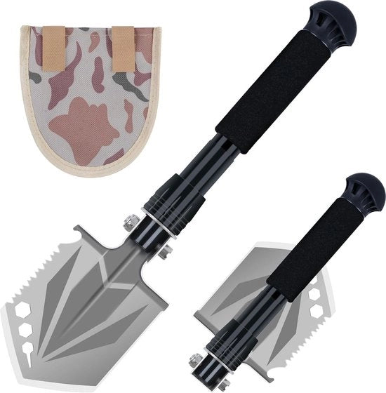 Shovle/Schop Opvougbile 58 cm - Spada Multifunzione con Lame in Acciaio di Carbonio con Funzione di Sega e Lame a Scoppietto - Spada di Emergenza Compatta per Campeggio, Outdoor e Sport Invernali con Tasca Portatile - Argento