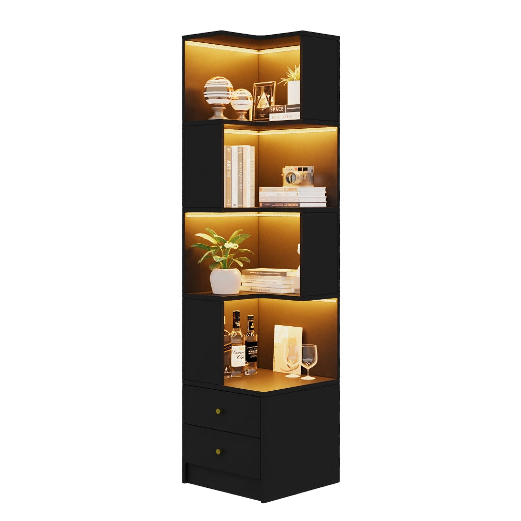 Libreria angolare a L con illuminazione LED controllabile via app, 45 x 43,5 x 180 cm, nero
