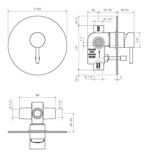 Rubinetto Miscelatore Monocomando Doccia ad Incasso con Deviatore in Acciaio Inox Maniglia Neve