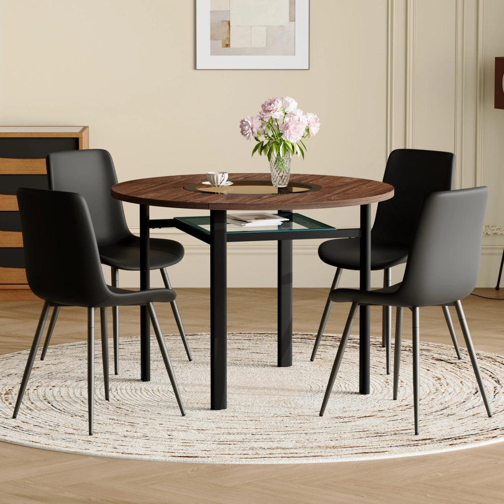 Tavolo da pranzo per 4-6 persone con ripiano in vetro e 4 sedie in PU e metallo finitura legno marrone e nero
