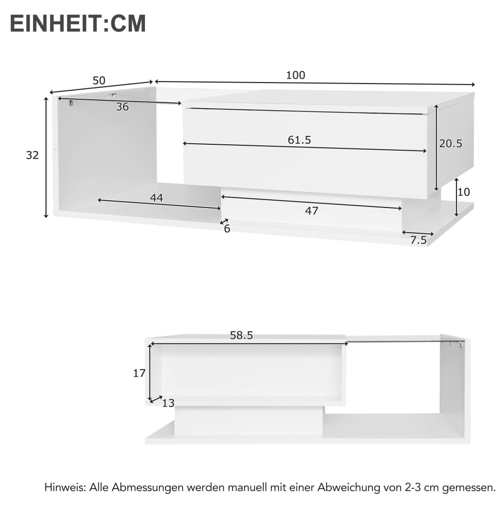 Tavolino da salotto moderno 100x50x32 cm bianco lucido con piano in vetro; cassetto e LED
