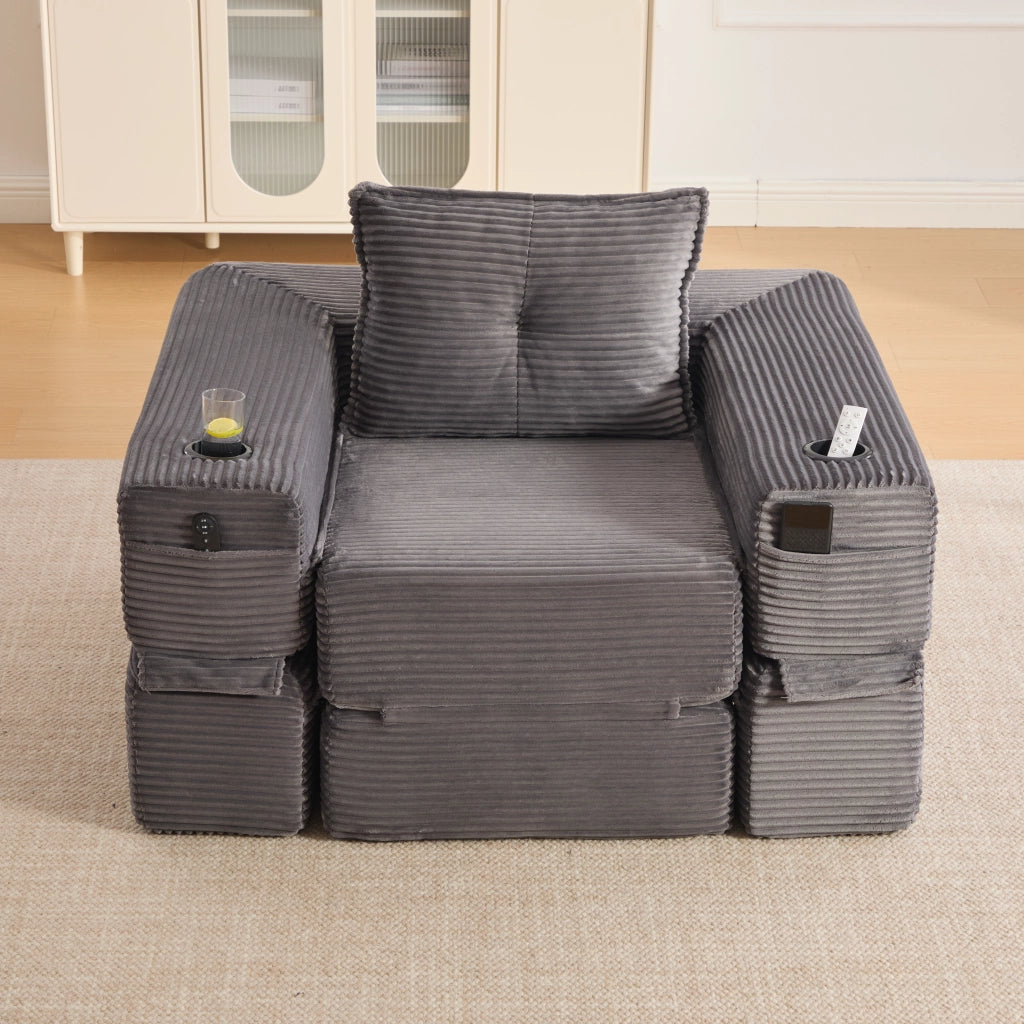 Divano letto modulare con tasche laterali e portabicchieri in velluto a coste grigio