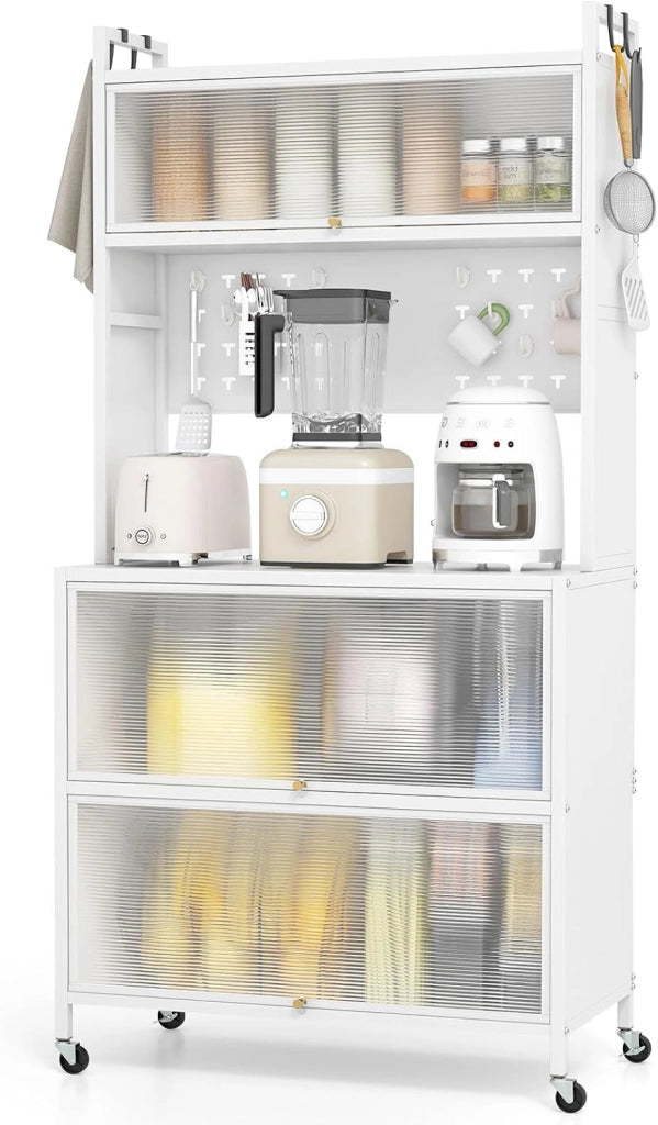 Credenza da Cucina a 5/6 Livelli, Armadietto Dispensa con 4 Ruote Universali, 4 Ganci e 10 Tasselli, Ripiano in Ferro, Mobile Buffet per Soggiorno, Sala da Pranzo (Grigio, 80 x 40 x 164 cm)