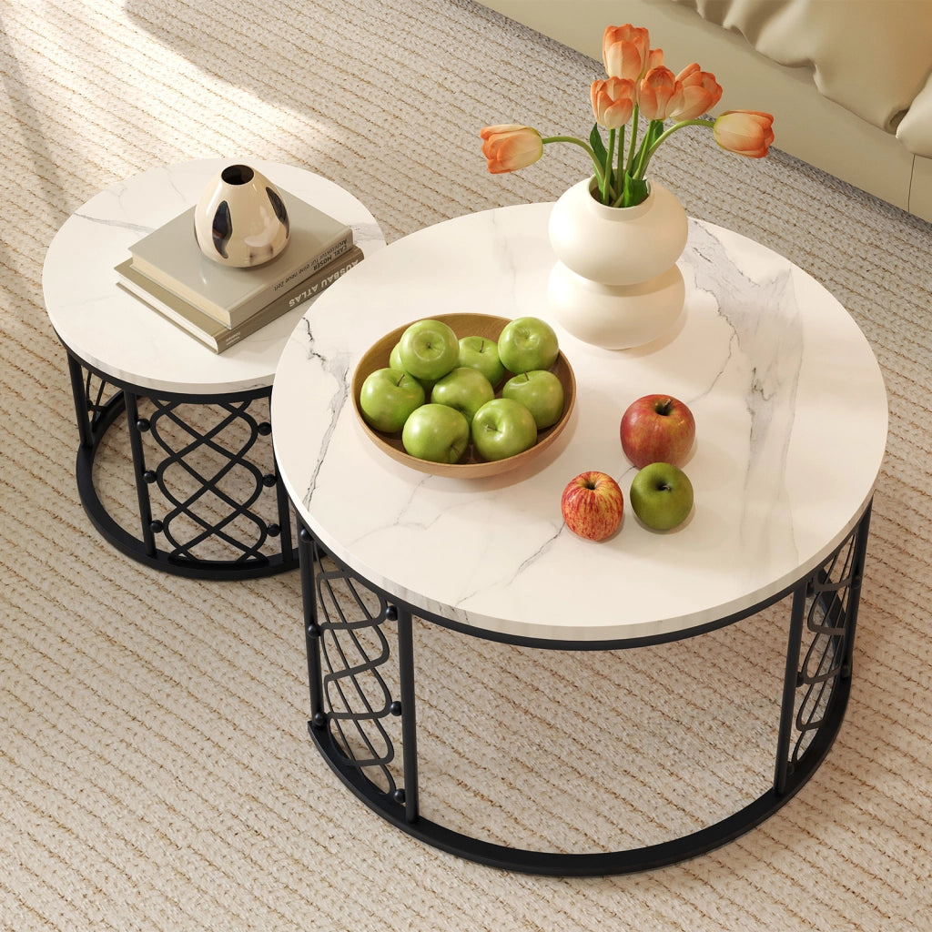 Set di 2 tavolini da salotto effetto marmo bianco con struttura in metallo