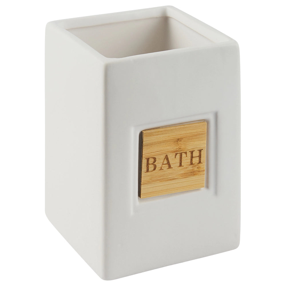 Set di 4 Accessori Bagno in Ceramica beige e legno chiaro dispenser sapone portasapone Bicchiere Portaspazzolino