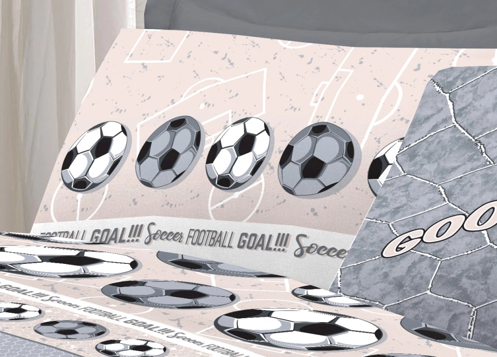 Completo Lenzuola Linea Pensieri Delicati 100% Cotone Disegno Calcio - Piazza E Mezza - Grigio