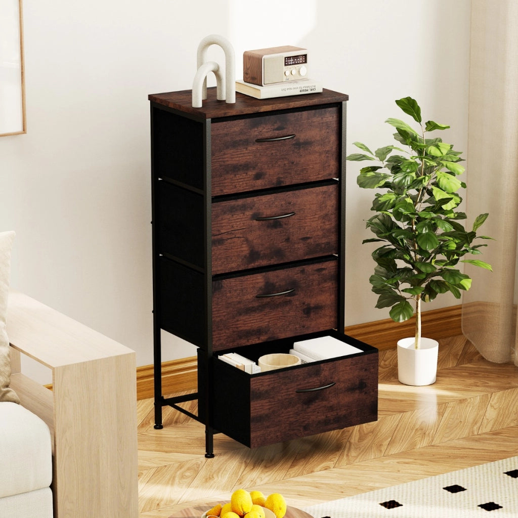 Cassettiera con 4 cassetti torre portaoggetti in tessuto con piano in legno, Cassettiera maniglie facili da tirare