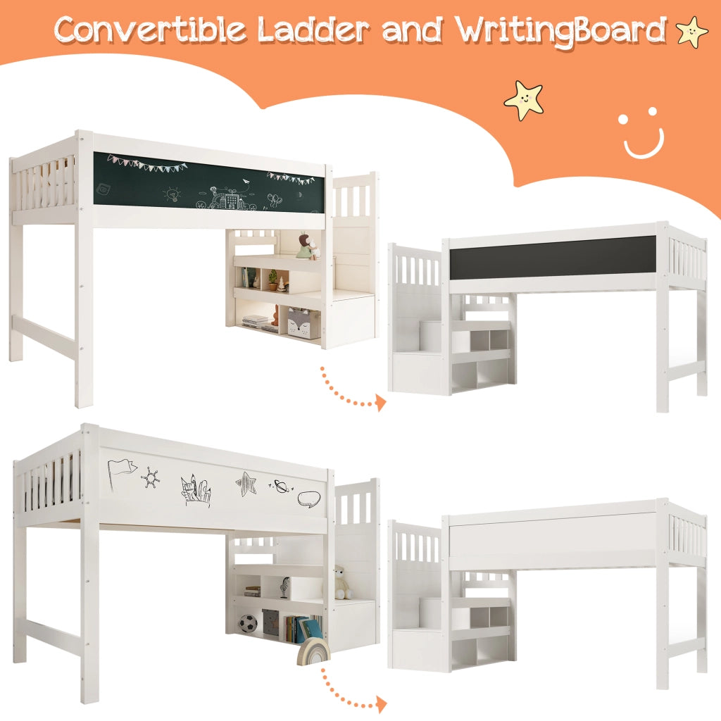 DESMIU Letto a Soppalco per Bambini 1 Posto con Scala Contenitore e Lavagna, 90 × 200 cm, Senza Materasso, Bianco